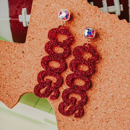 University of Houston COOGS earrings in red and white glitter acrylic with AB Iridescent studs by Half Turn Designs