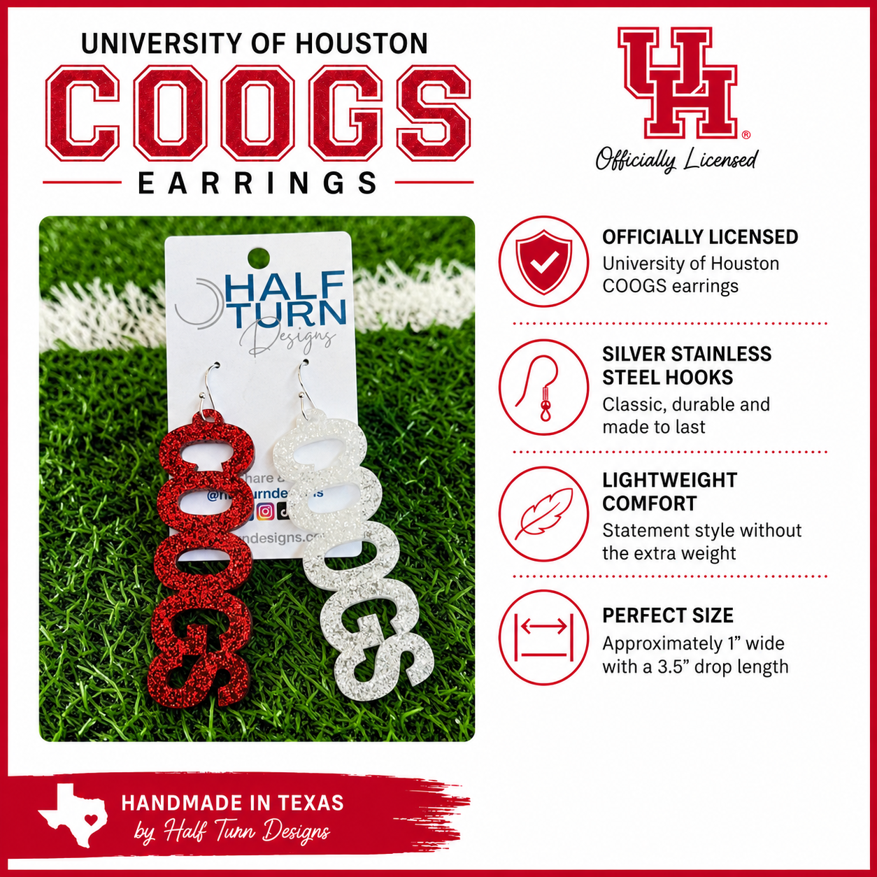 University of Houston COOGS earring informational graphic detailing the product specifications such as it's officially licensed, lightweight and size.
