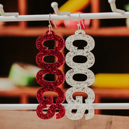 University of Houston COOGS earrings in red and white glitter acrylic with silver tone earring hooks by Half Turn Designs
