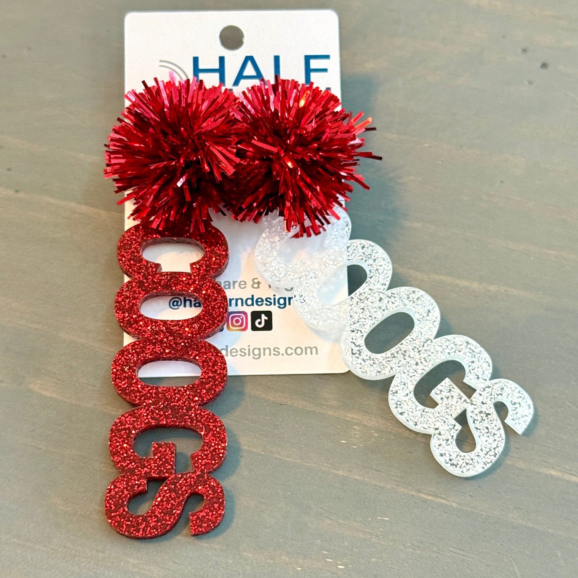University of Houston COOGS earrings in red and white glitter acrylic with red tinsel toppers by Half Turn Designs