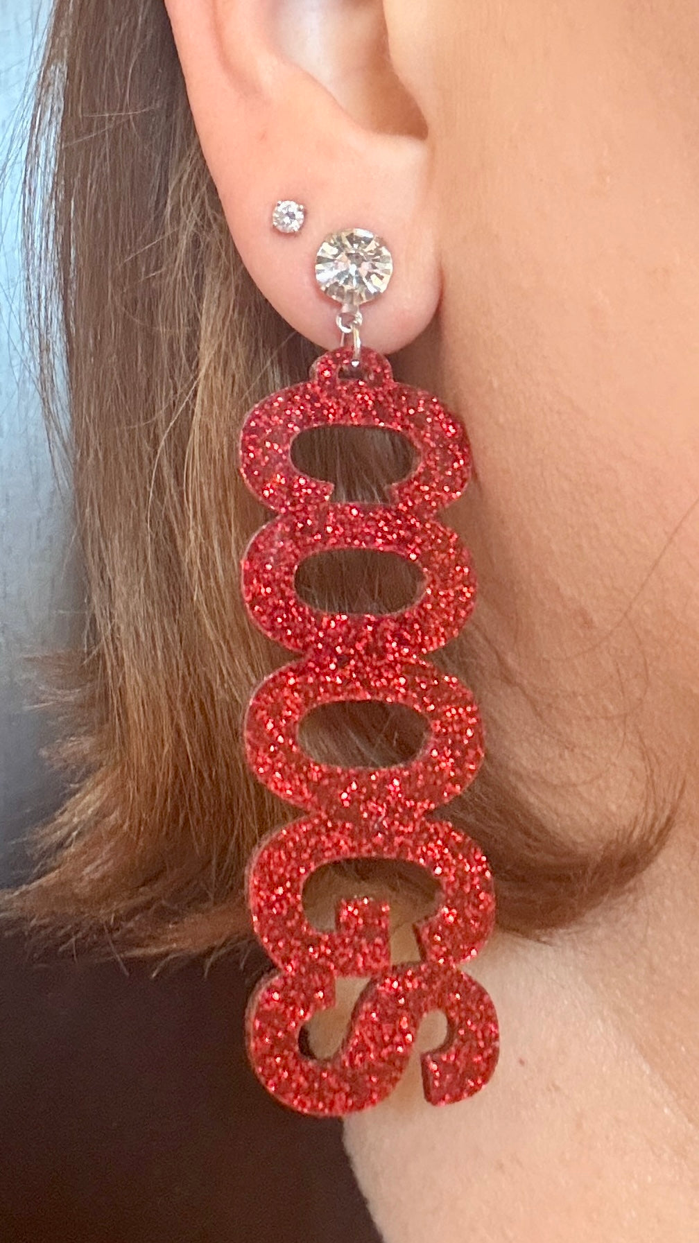 University of Houston COOGS earrings in red and white glitter acrylic with rhinestone studs by Half Turn Designs