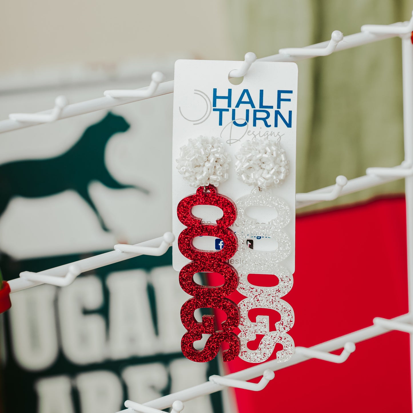 University of Houston COOGS earrings in red and white glitter acrylic with white beaded earring topper by Half Turn Designs