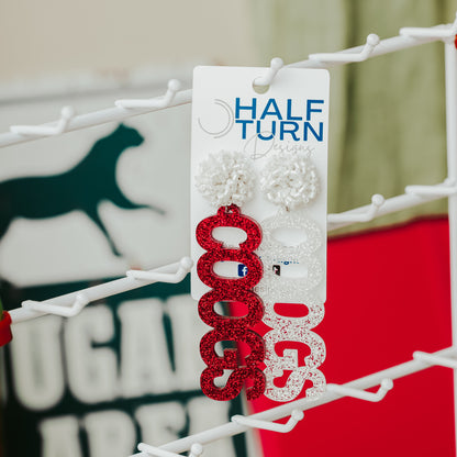 University of Houston COOGS earrings in red and white glitter acrylic with white beaded earring topper by Half Turn Designs