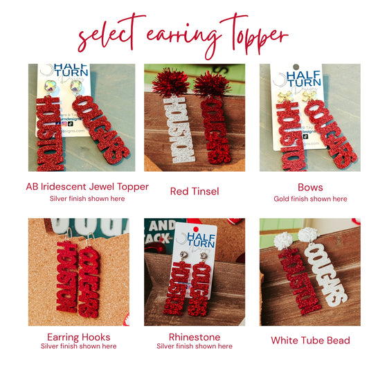 Earring topper options for Officially Licensed University of Houston Cougars acrylic dangle earrings in red and white glitter