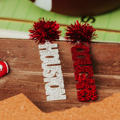 Officially Licensed University of Houston Cougars acrylic dangle earrings in red and white glitter with  tinsel earring toppers by Half Turn Designs.