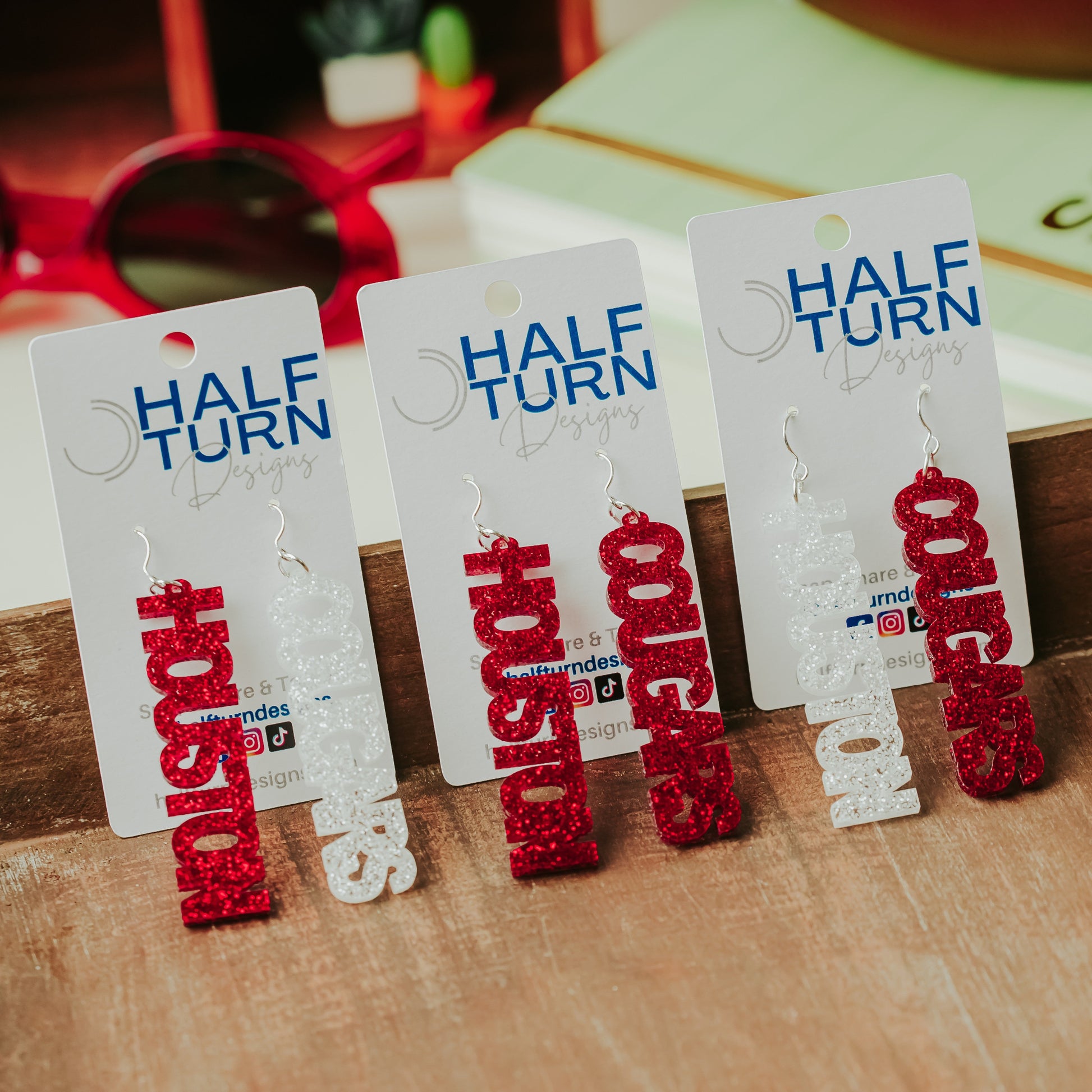 Officially University of Houston Cougars dangle earrings in red and white glitter by Half Turn Designs