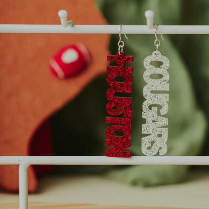 Officially University of Houston Cougars dangle earrings in red and white glitter by Half Turn Designs