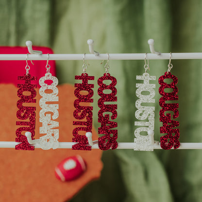 Officially University of Houston Cougars dangle earrings in red and white glitter by Half Turn Designs