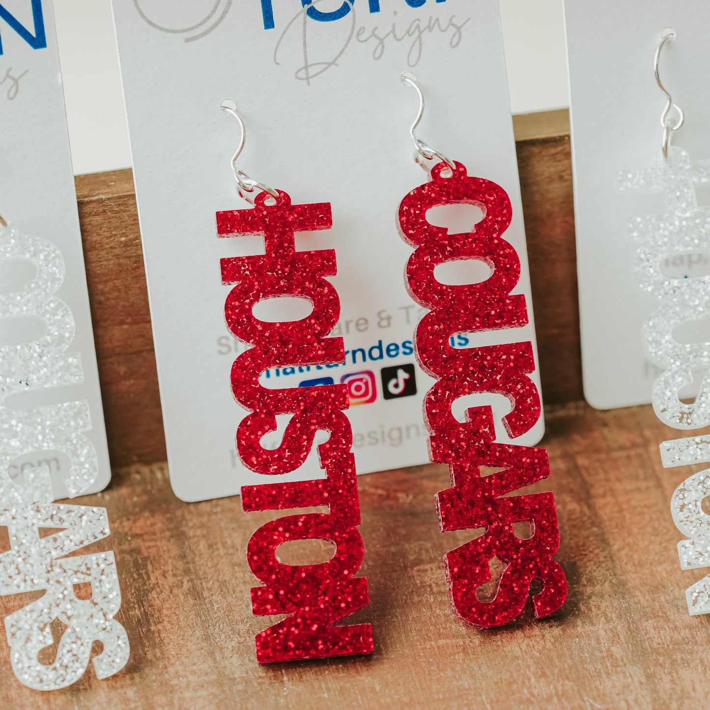 Officially University of Houston Cougars dangle earrings in red and white glitter by Half Turn Designs
