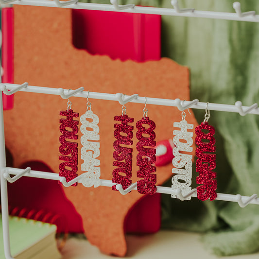 Officially University of Houston Cougars dangle earrings in red and white glitter by Half Turn Designs