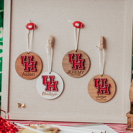 Officially licensed University of Houston personalized ornament collection by Half Turn Designs. Ornaments available in white, walnut, mahogany and cherry finish