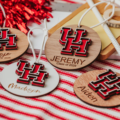 Officially licensed University of Houston personalized ornament collection by Half Turn Designs. Ornaments available in white, walnut, mahogany and cherry finish
