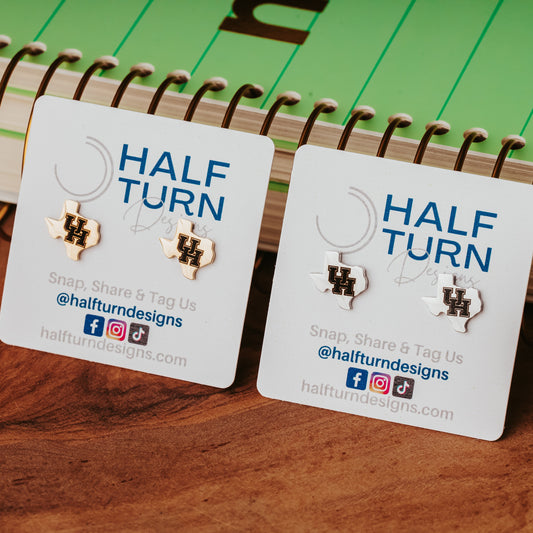 University of Houston Texas-Shaped Studs. These earrings are made from stainless steel, available in gold or silver finish and engraved with the UH Cougars logo. They are officially licensed earrings made by Half Turn Designs.