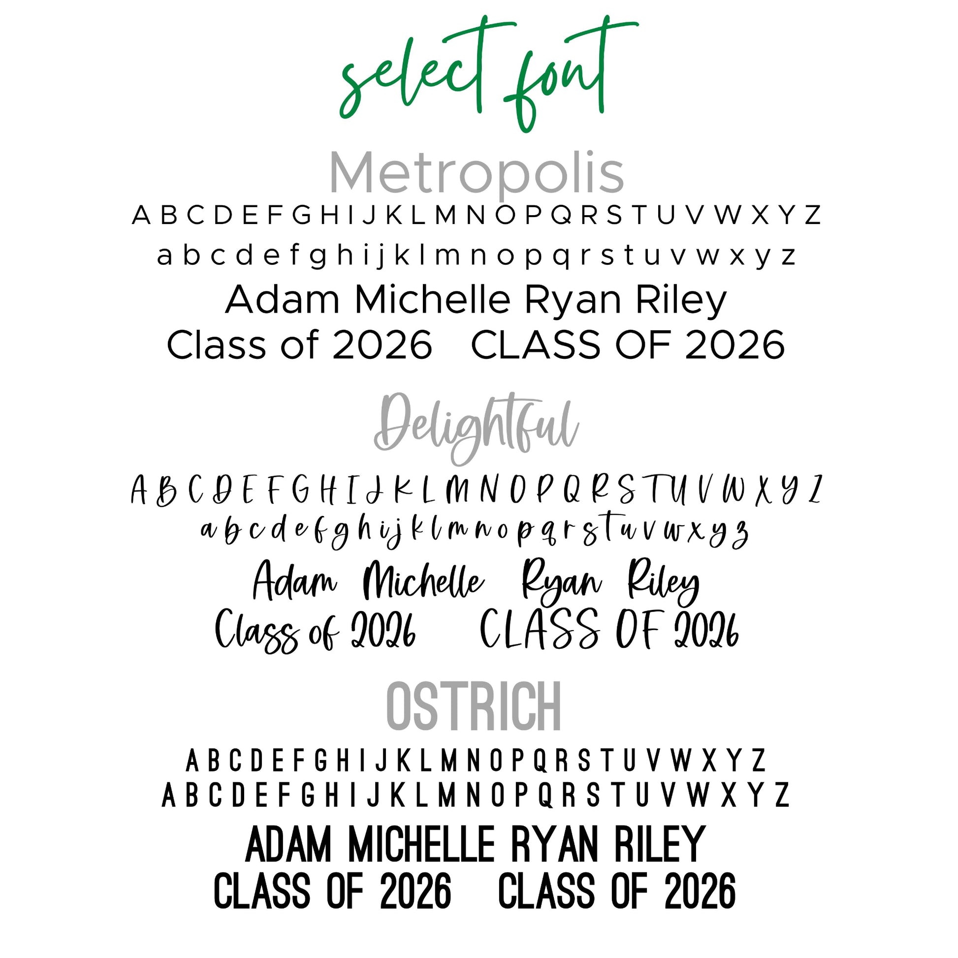Font options for Officially licensed University of North Texas 5 inch round wooden dorm decor, shelf sitter and desk sign with the UNT letters in Mean Green, personalized with your choice of 1-2 lines of engraved text in four wood finishes including mahogany, walnut, cherry and white.  Comes with a matching stand.