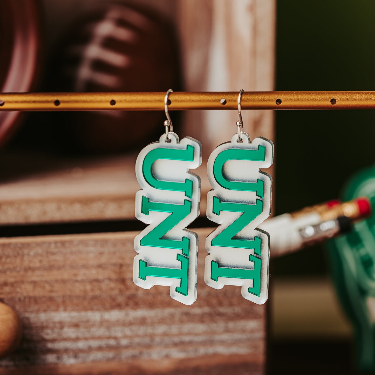 University of North Texas UNT dangle earrings in green and white mirror, available with earring hooks or bow studs