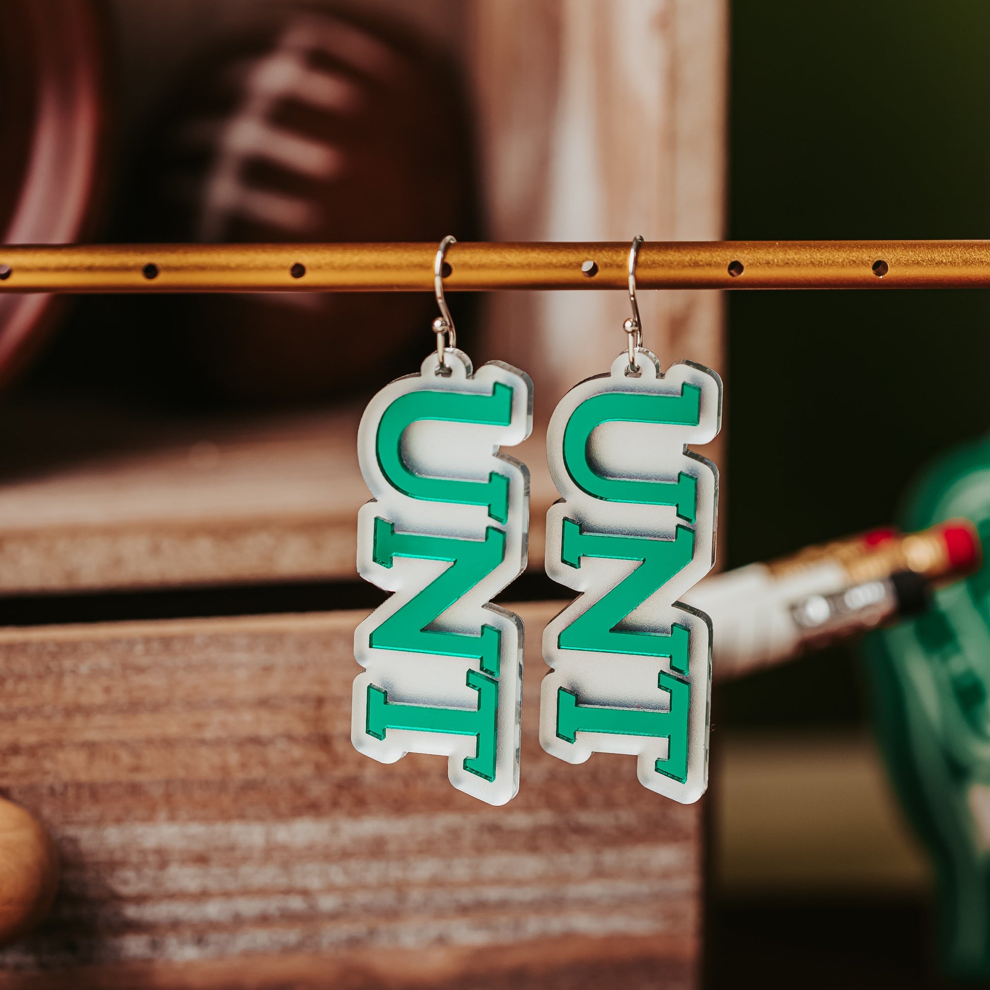 University of North Texas UNT dangle earrings in green and white mirror, available with earring hooks or bow studs