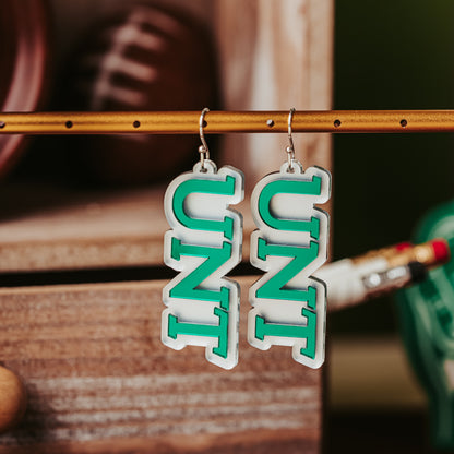 University of North Texas UNT dangle earrings in green and white mirror, available with earring hooks or bow studs