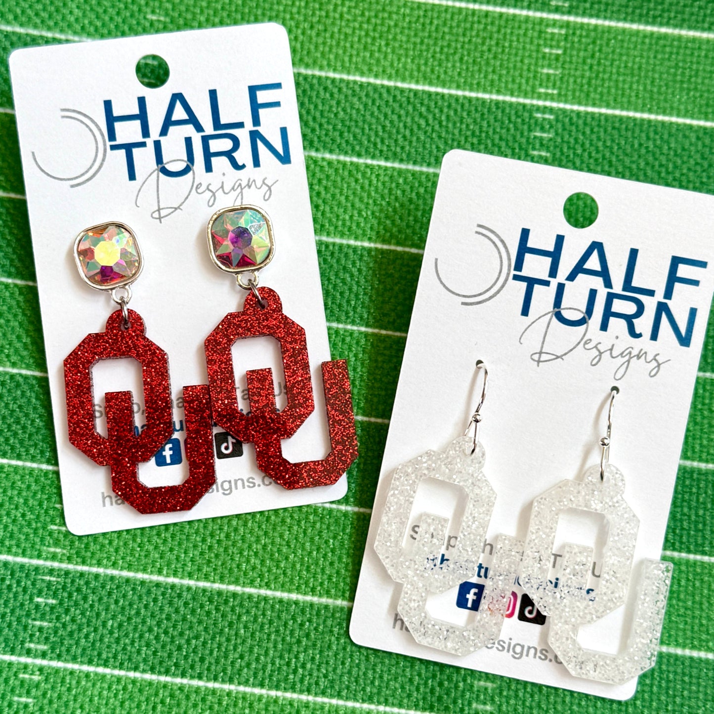 Officially Licensed University of Oklahoma Sooners Earrings in Crimson and White Glitter Acrylic, OU logo Boomer Sooner Game Day Jewelry for Students & Alumni in a variety of earring toppers including AB Iridescent Jewel, Rhinestone, Bows or Earring Hooks - all available in gold or silver finish.