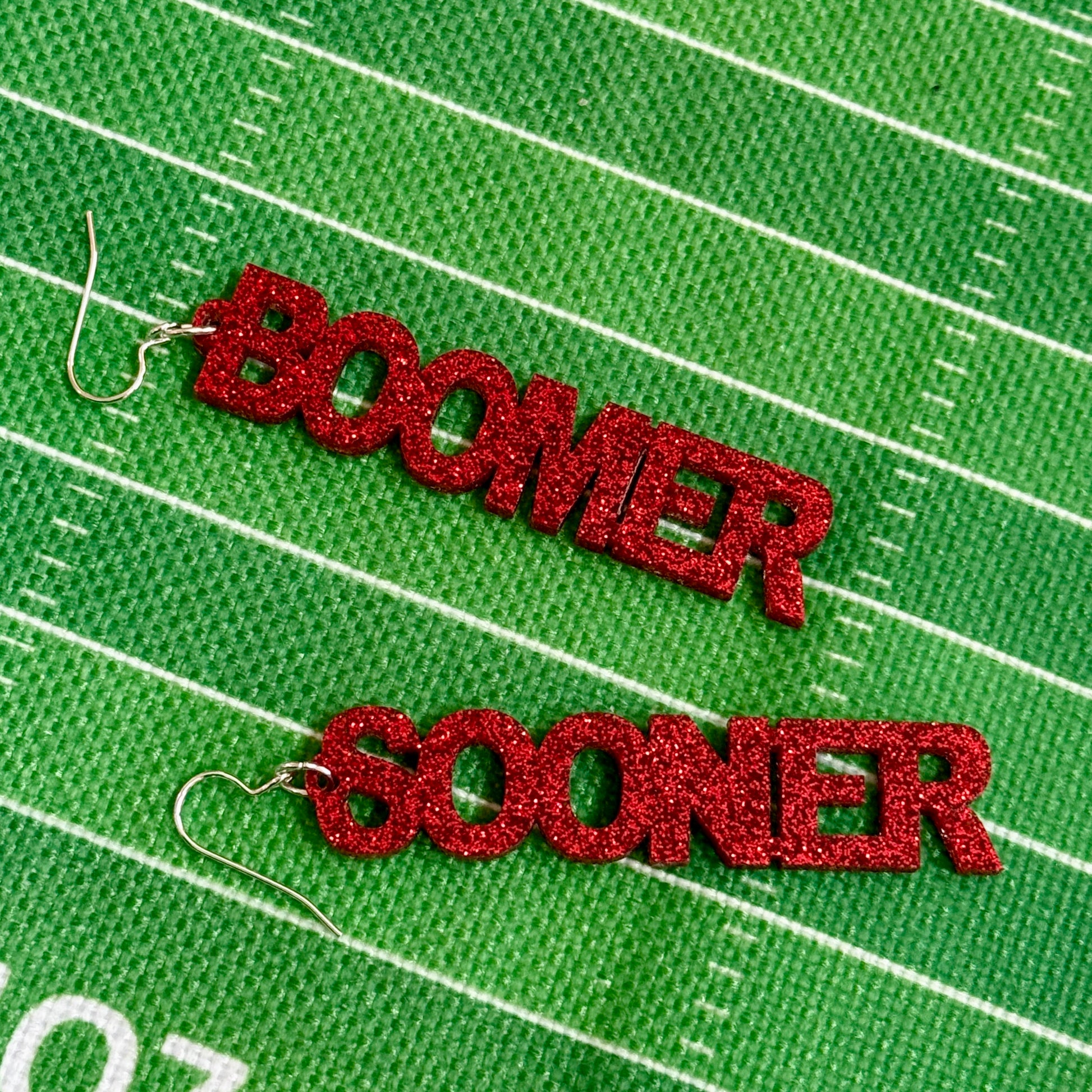 University of Oklahoma mini boomer sooner earrings in crimson glitter acrylic by Half Turn Designs