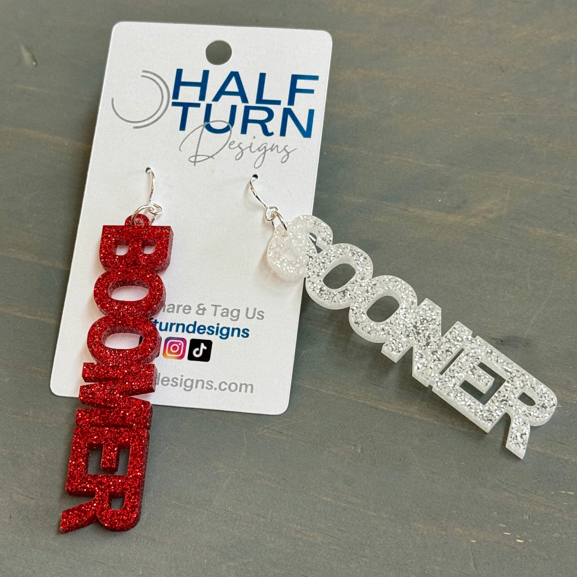 University of Oklahoma Boomer Sooner mini earrings in crimson white glitter, 3 inch drop length