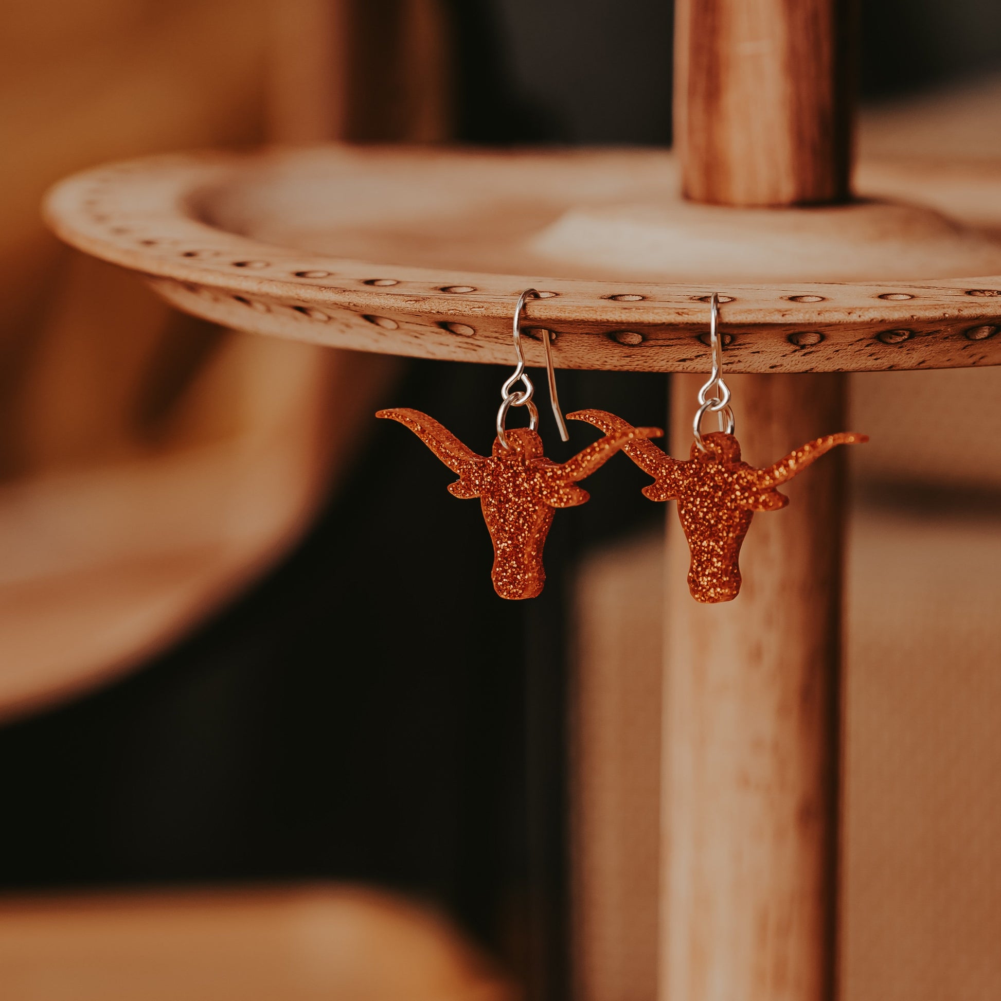 University of Texas burnt orange glitter Longhorn dangle earrings