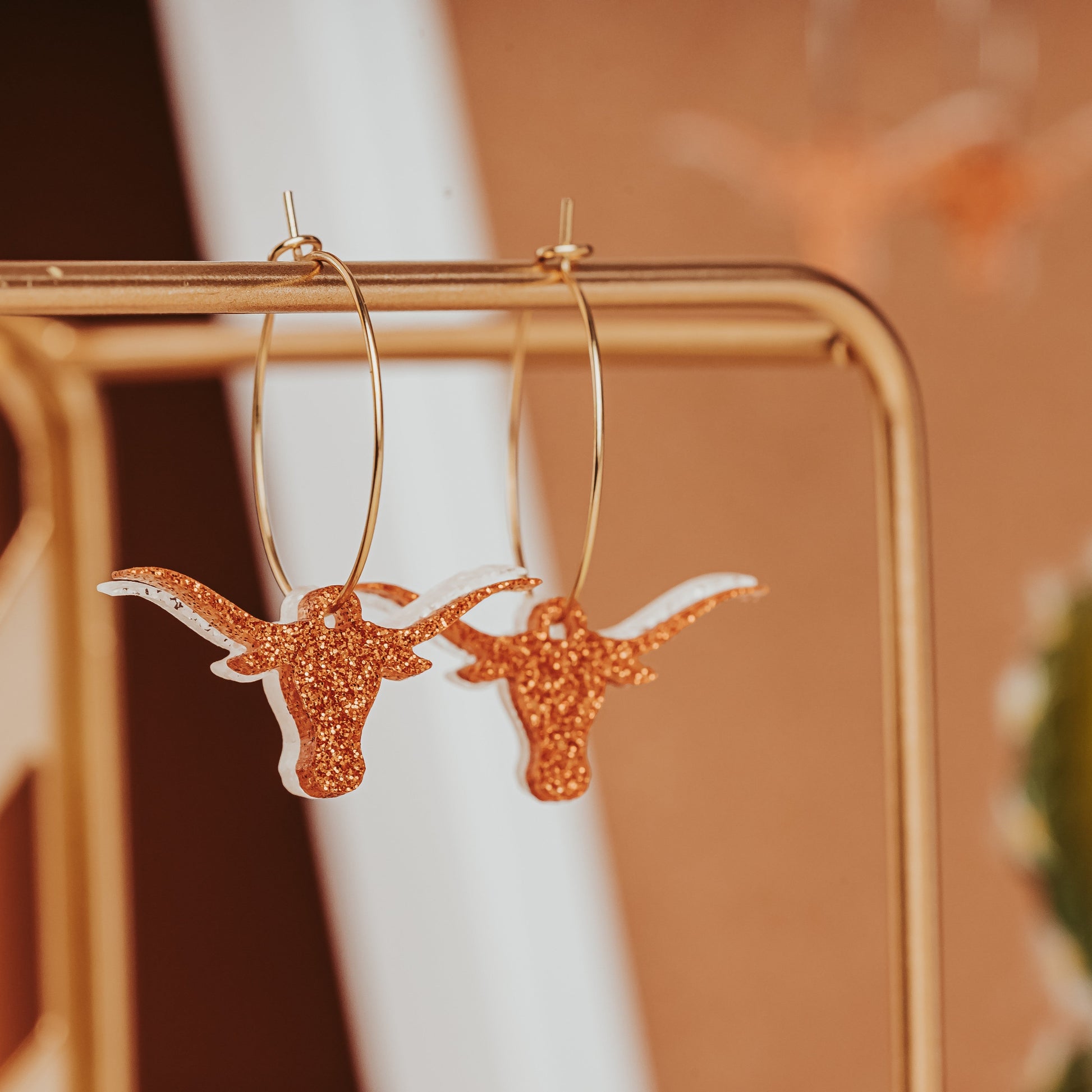 University of Texas Longhorn Burnt Orange and White Glitter Acrylic hoop earrings