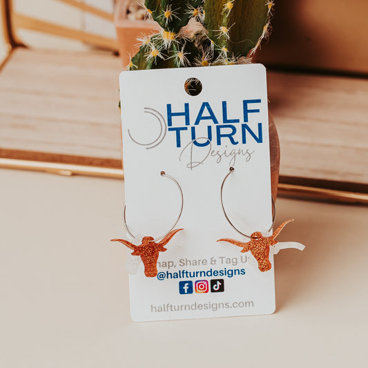 University of Texas Longhorn Burnt Orange and White Glitter Acrylic hoop earrings