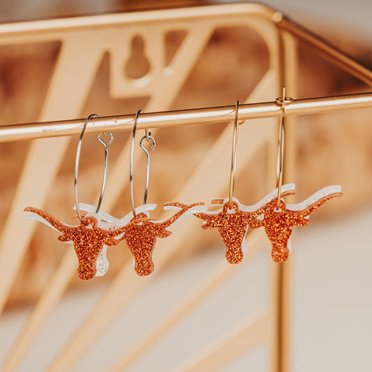University of Texas Longhorn Burnt Orange and White Glitter Acrylic longhorns on stainless steel hoop earrings in gold or silver finish