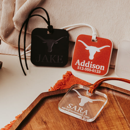 Personalized University of Texas Square luggage tags available in clear, black, frosted or burnt orange acrylic
