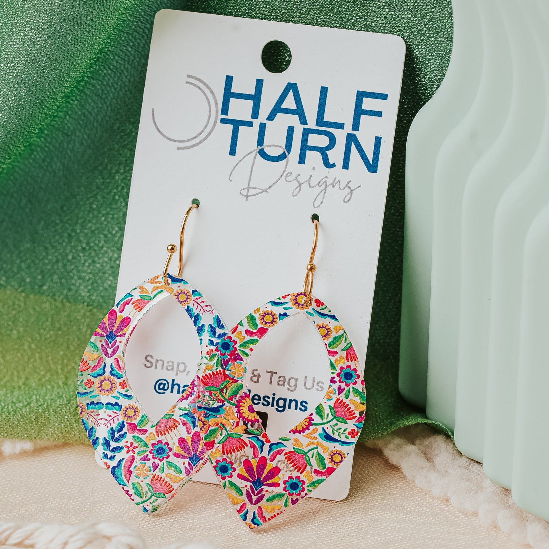 vacation ready floral dangle earrings colorful design teardrop shape with hypoallergenic stainless steel gold hooks