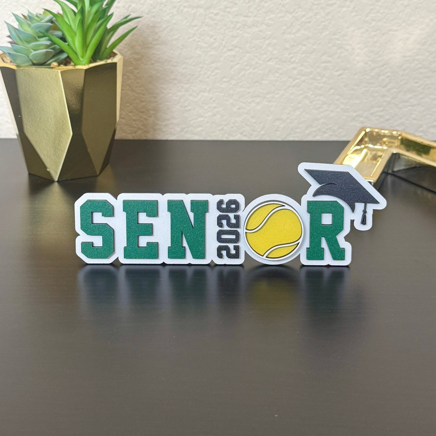 Wooden Tennis sign for Class of 2026 high school senior graduation, sports banquets and brag tables - made of wood and available in 14 school colors.